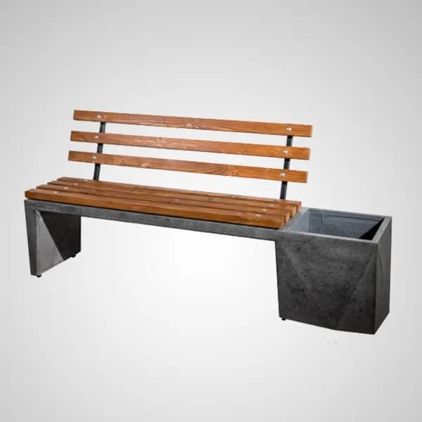 Bancă de beton cu spetează din lemn şi ghiveci