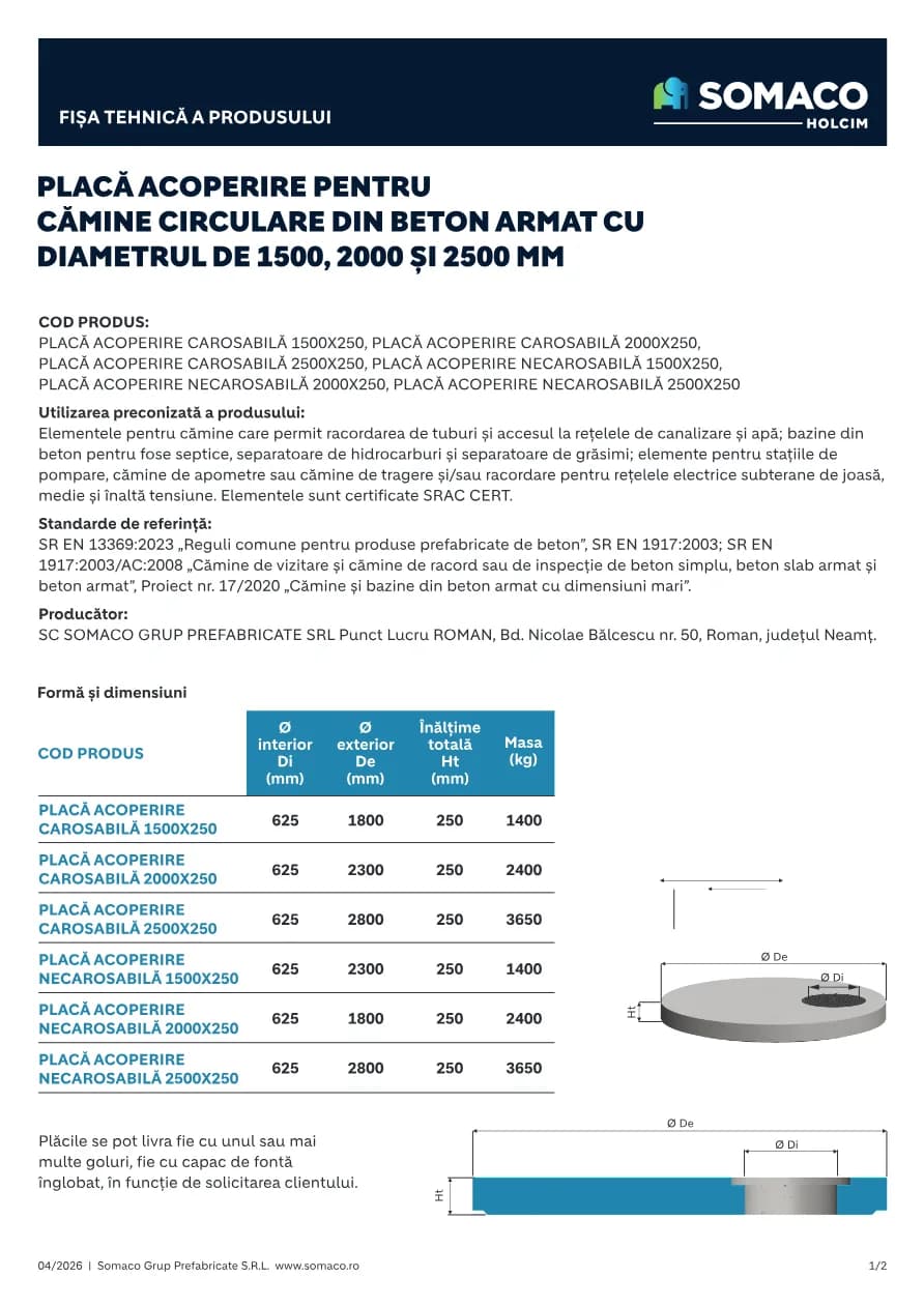 Somaco PLACA ACOPERIRE CAMINE MARI CIRCULARE