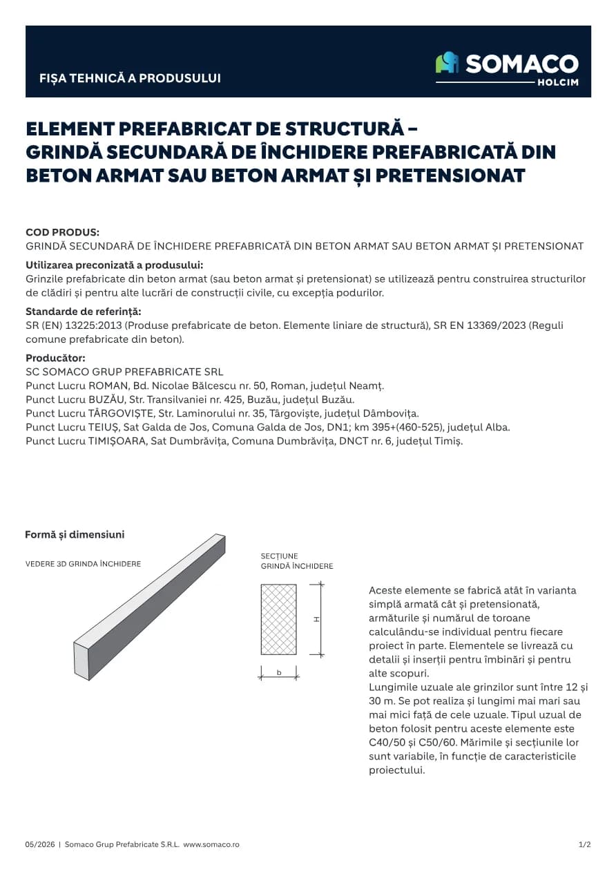 Somaco Structuri Grinda Secundara de inchidere