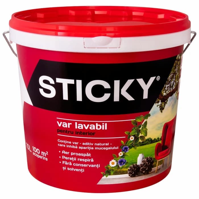 Vopsea pe baza de var lavabil, interior, Sticky, alba, 10 litri